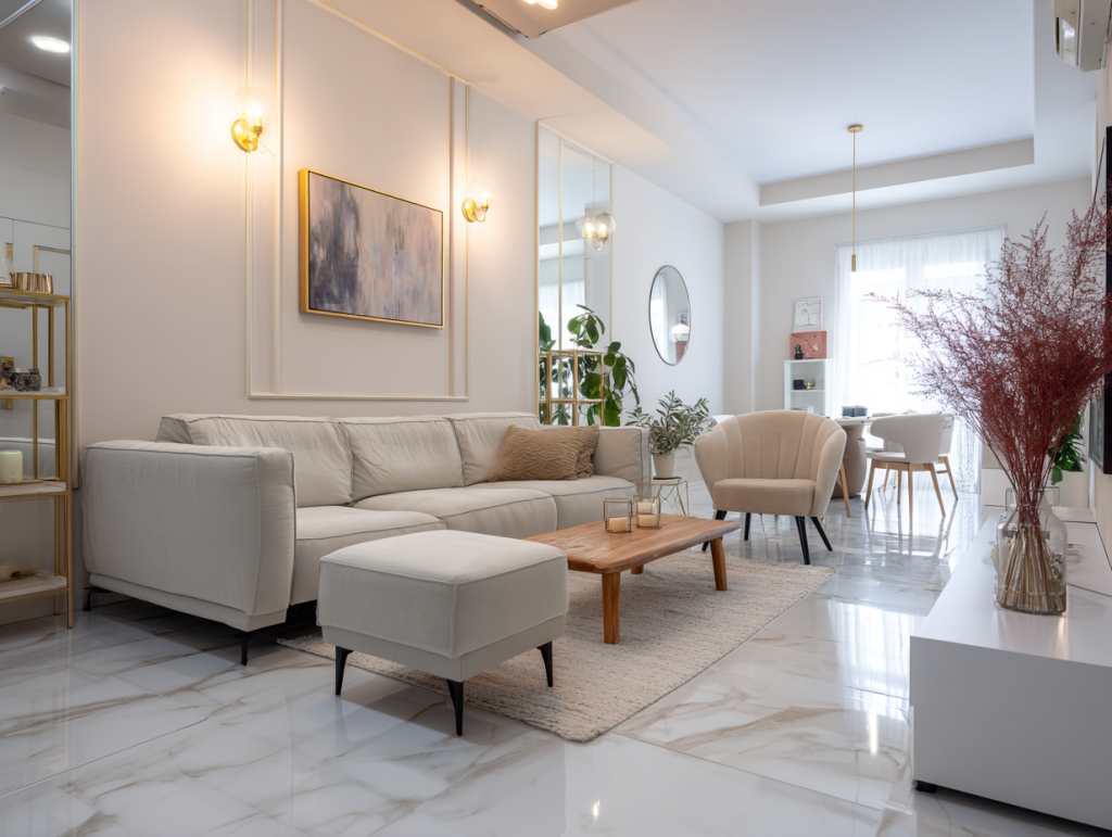 Monochromatic design living room with greenery as a visual anchor 