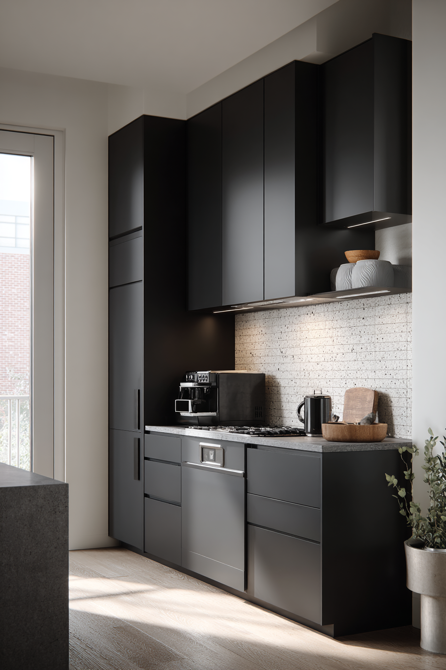 Black contemporary kitchen cabinets with modern cabinet wall design