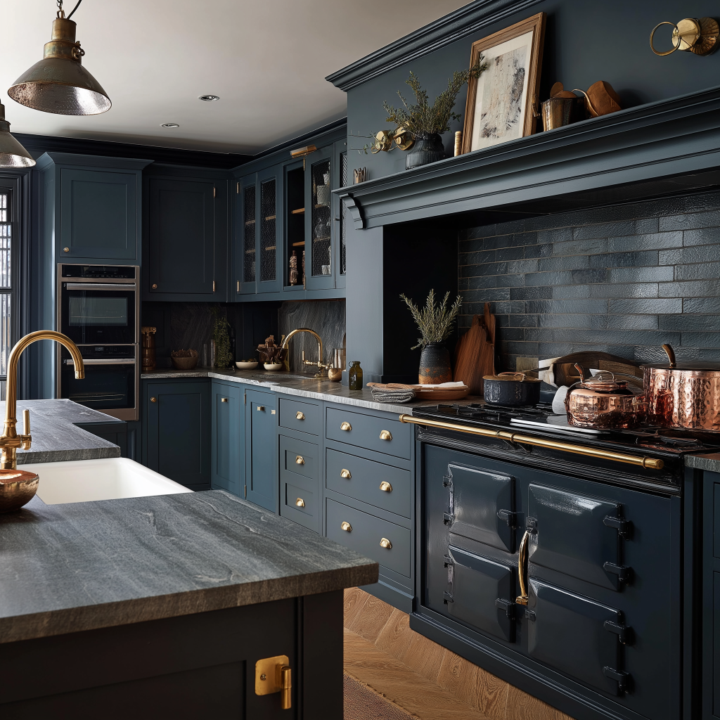Kitchen cabinet design for small kitchen in luxury blue tone