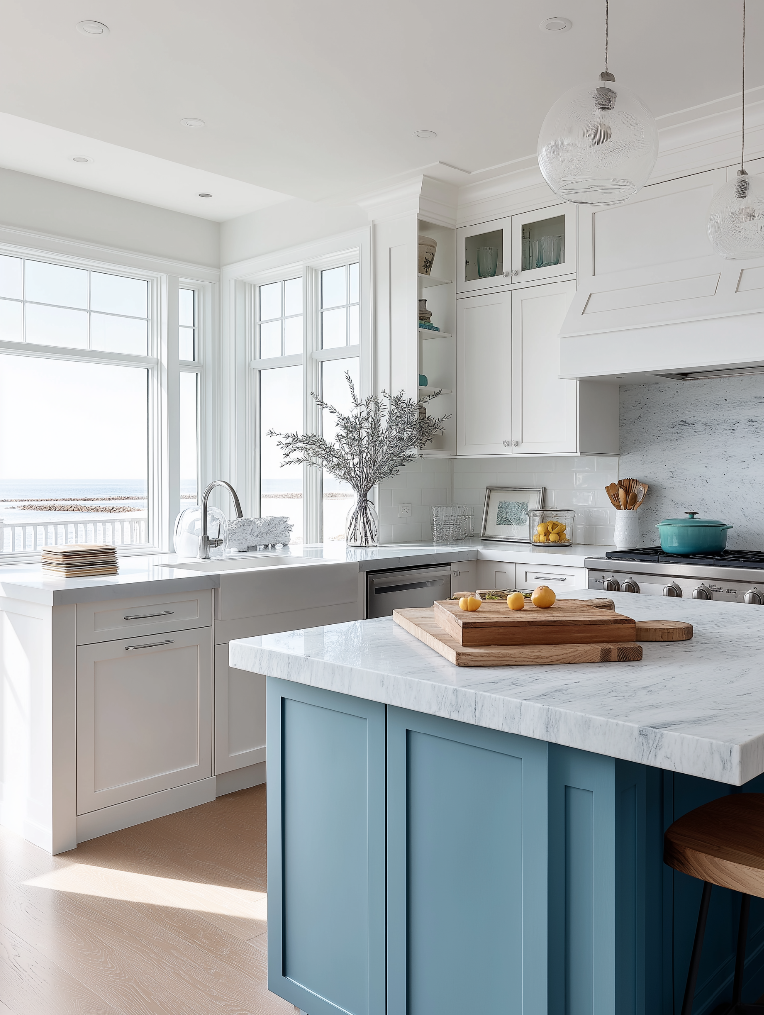 White and blue kitchen cabinets with bright natural lighting