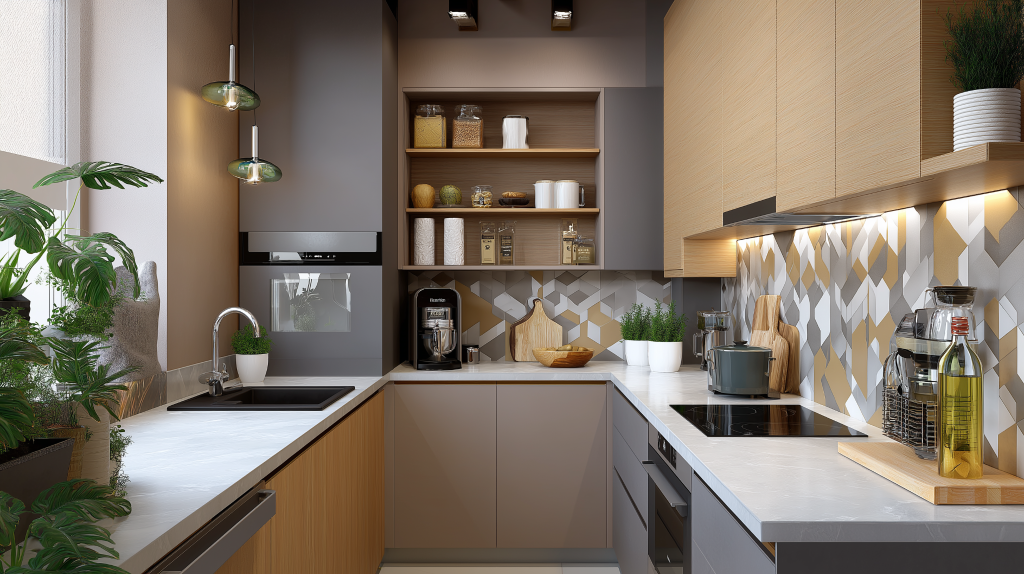 Gray kitchen cabinets with open shelves and wood accents