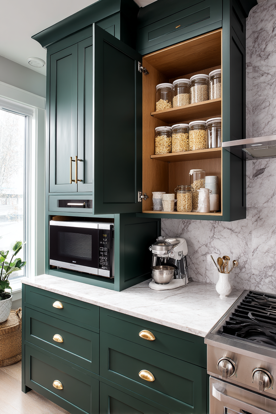 Kitchen cabinet design with open pantry and modern green cabinets