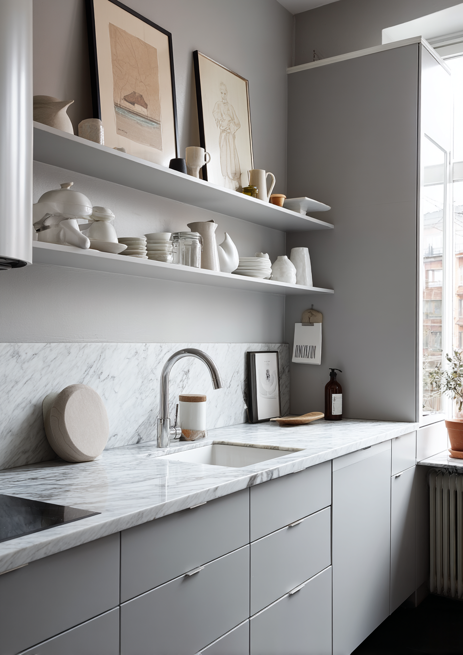 Gray and white kitchen cabinets with modern open shelf cabinet design 
