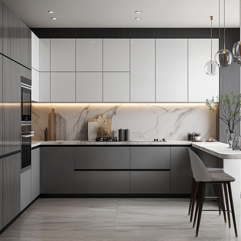 Contemporary kitchen cabinets for small kitchen with marble wall