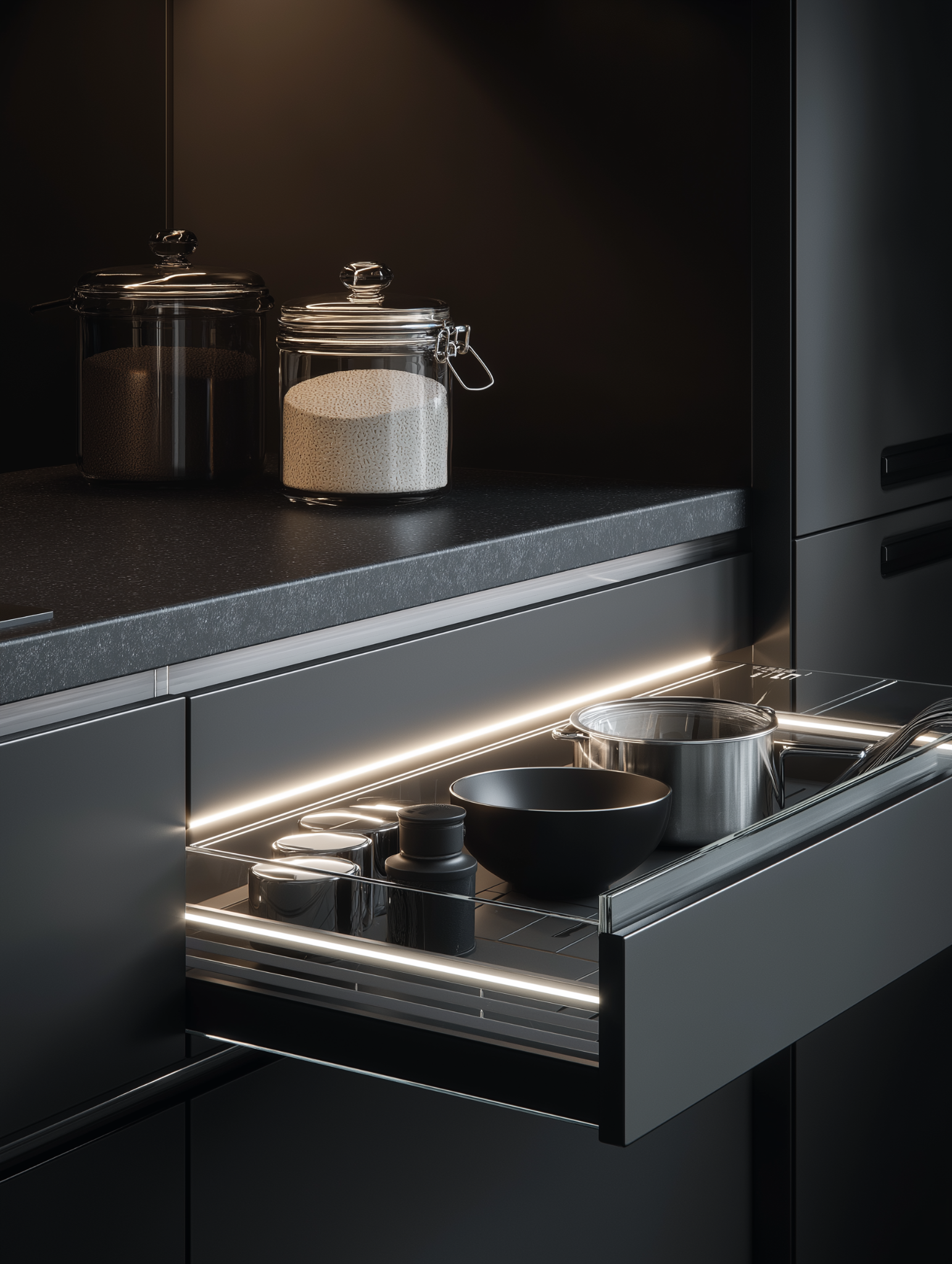  Modern kitchen cabinet design with black pullout storage drawer