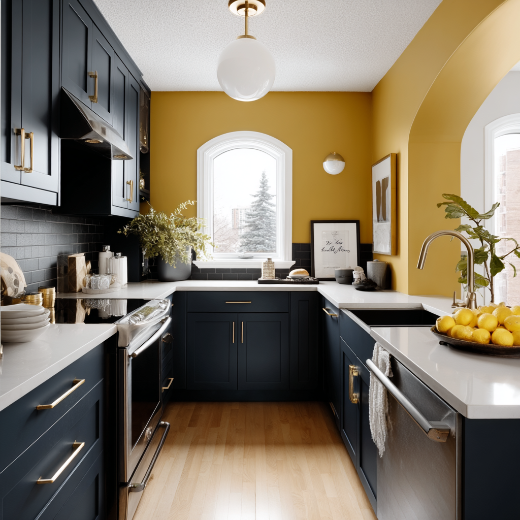 Blue and white kitchen cabinets with modern cabinet wall design