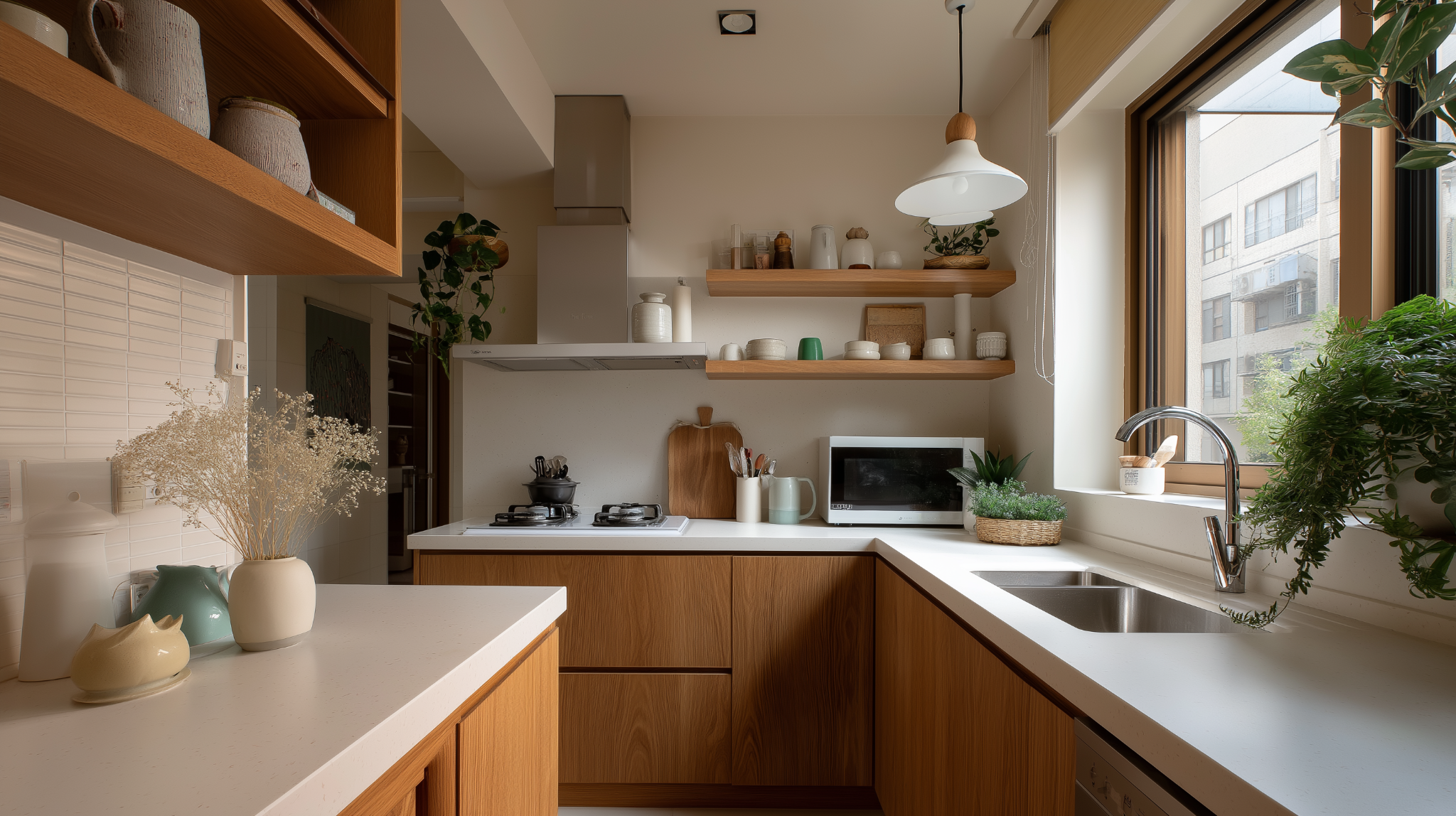 Wooden simple kitchen design with open shelves indoor plants and natural light window