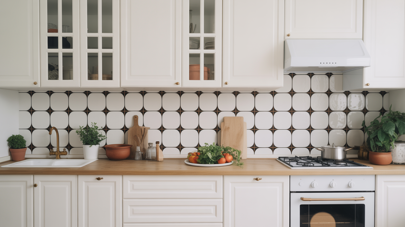 Retro inspired simple kitchen design with white cabinets and bold geometric tile backsplash