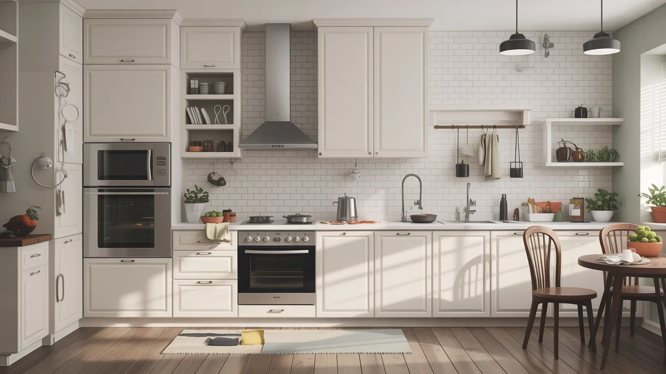 Functional simple kitchen design with white cabinets subway tiles and dining corner setup