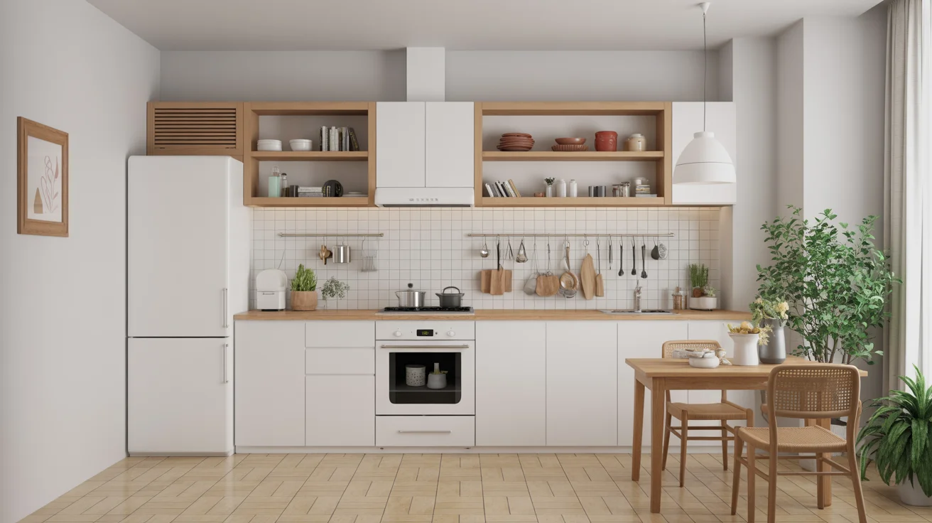 Compact simple kitchen design with white cabinets tiled backsplash and cozy dining setup