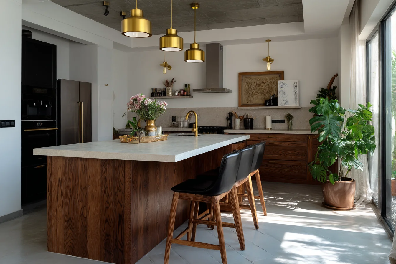 Spacious simple kitchen design with wood island gold accents and indoor natural lighting
