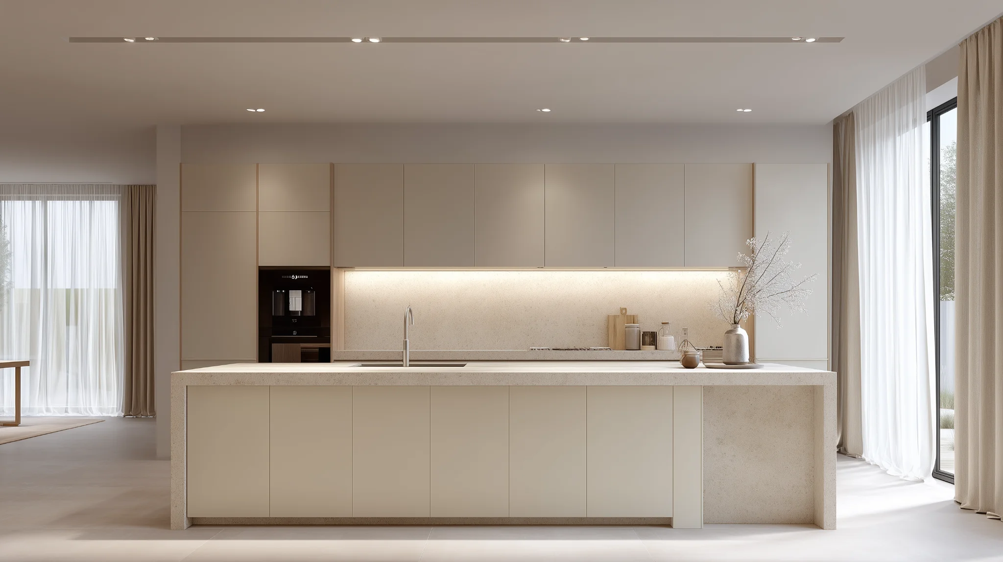Beige toned simple kitchen cabinet designs with seamless island counters and soft lighting