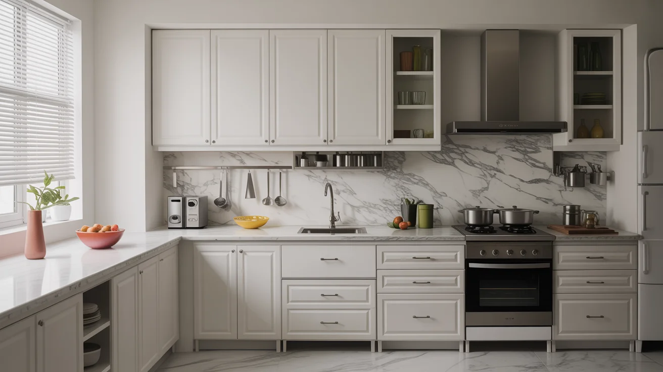 Elegant simple kitchen design with marble backsplash white cabinets and stainless fittings
