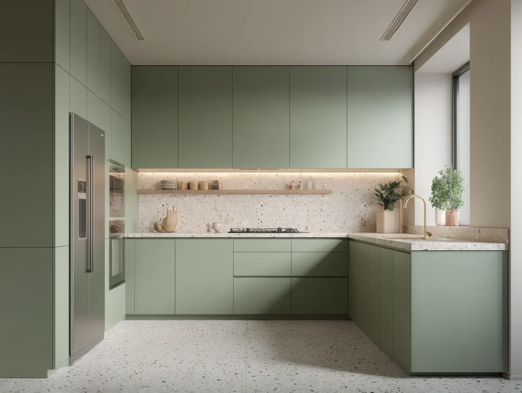Terrazzo simple kitchen design with sage green cabinets and seamless overhead lighting