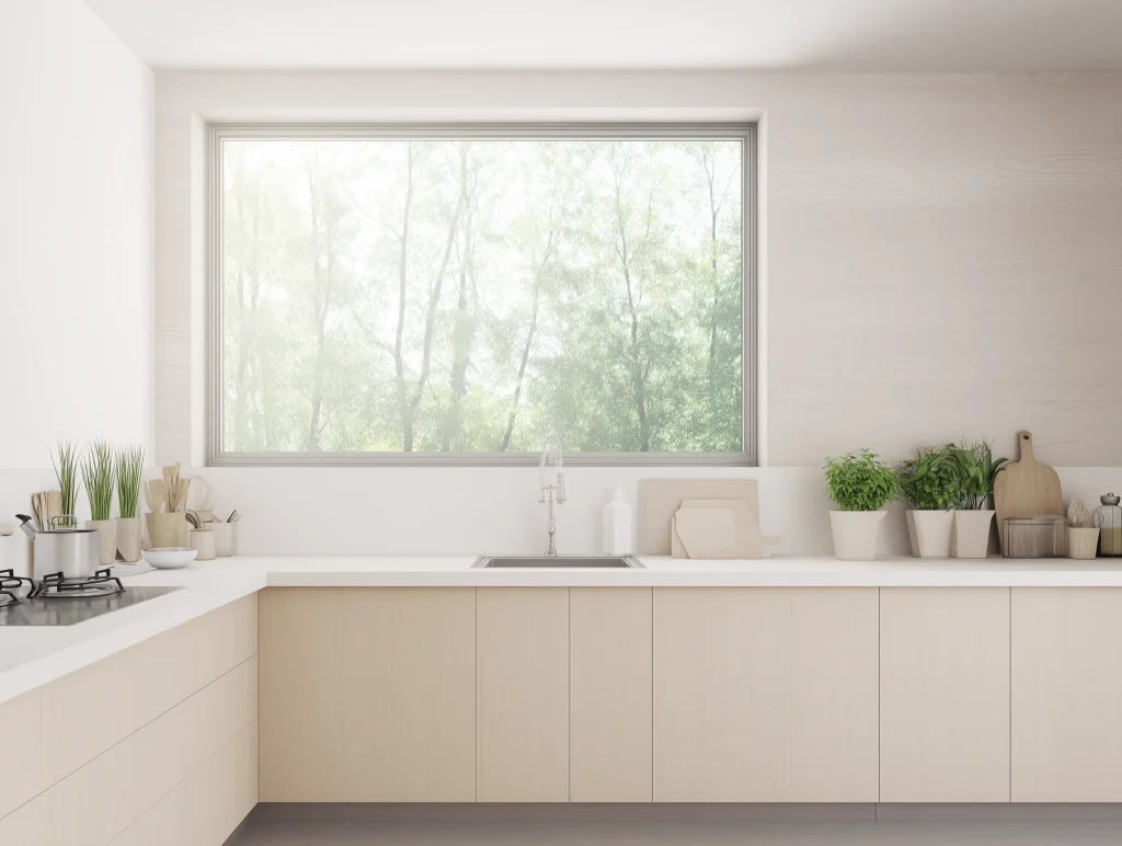 Minimal simple kitchen design with indoor plants and full window bringing in natural light