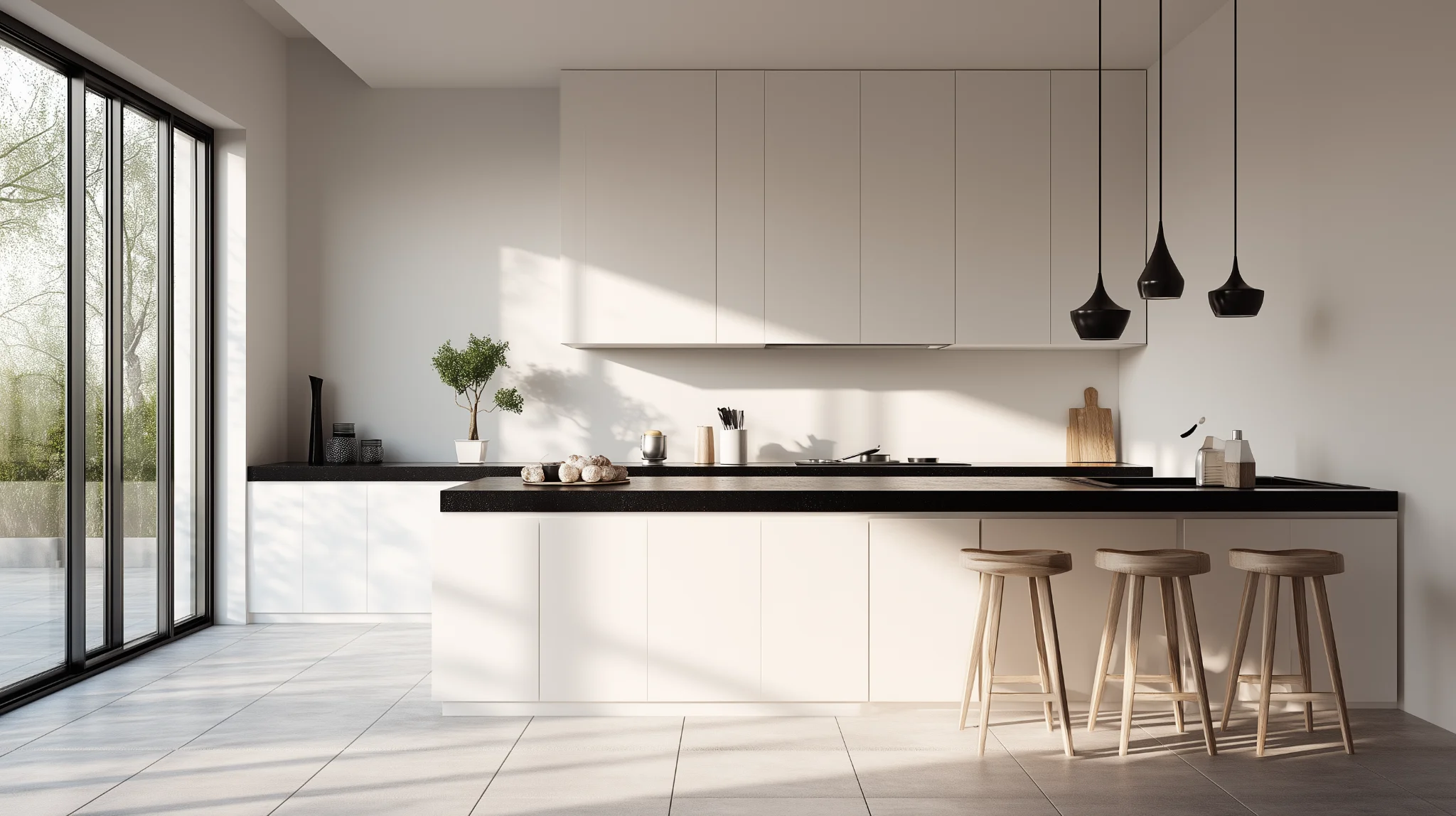 Minimalist simple kitchen design with black countertop white cabinets and pendant lights