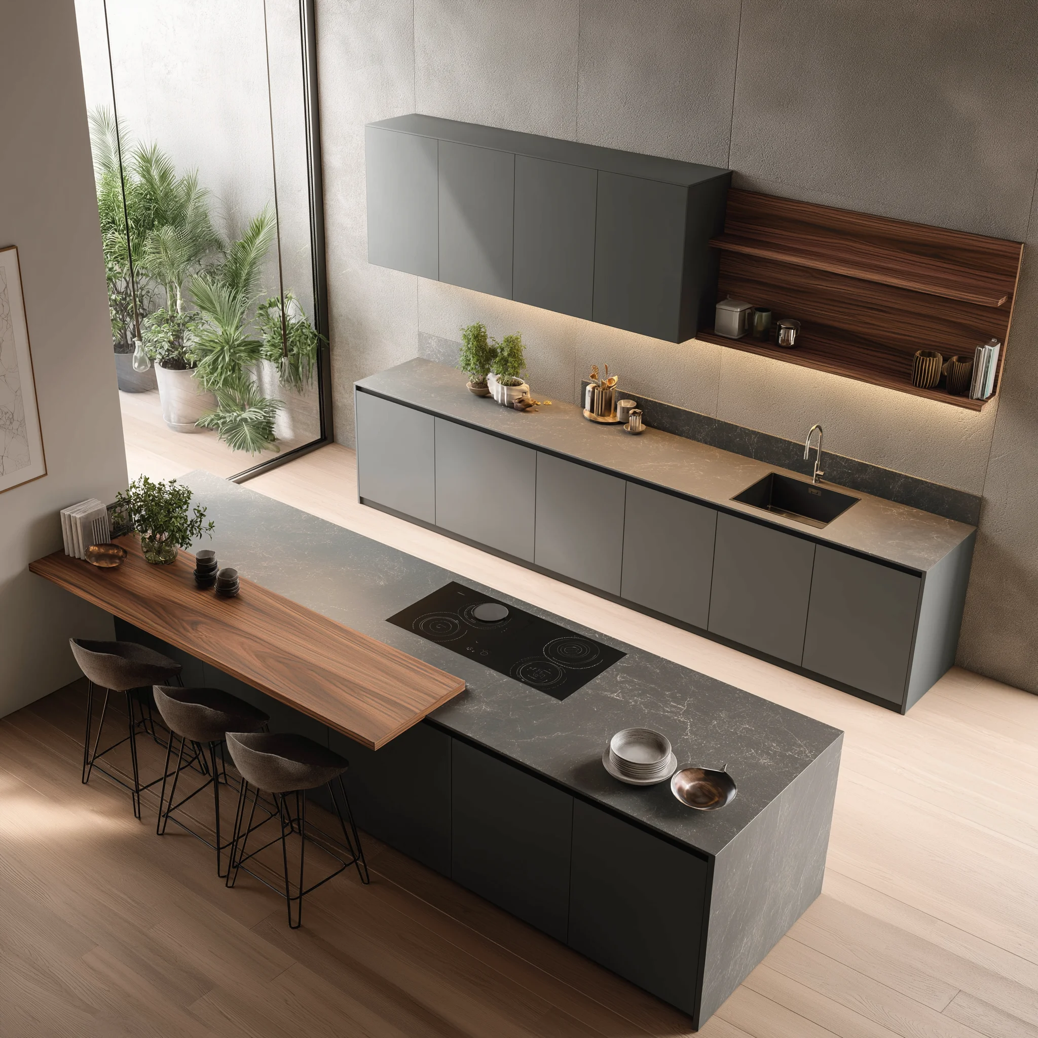 Dark toned simple kitchen design with wood breakfast counter and indoor potted plants