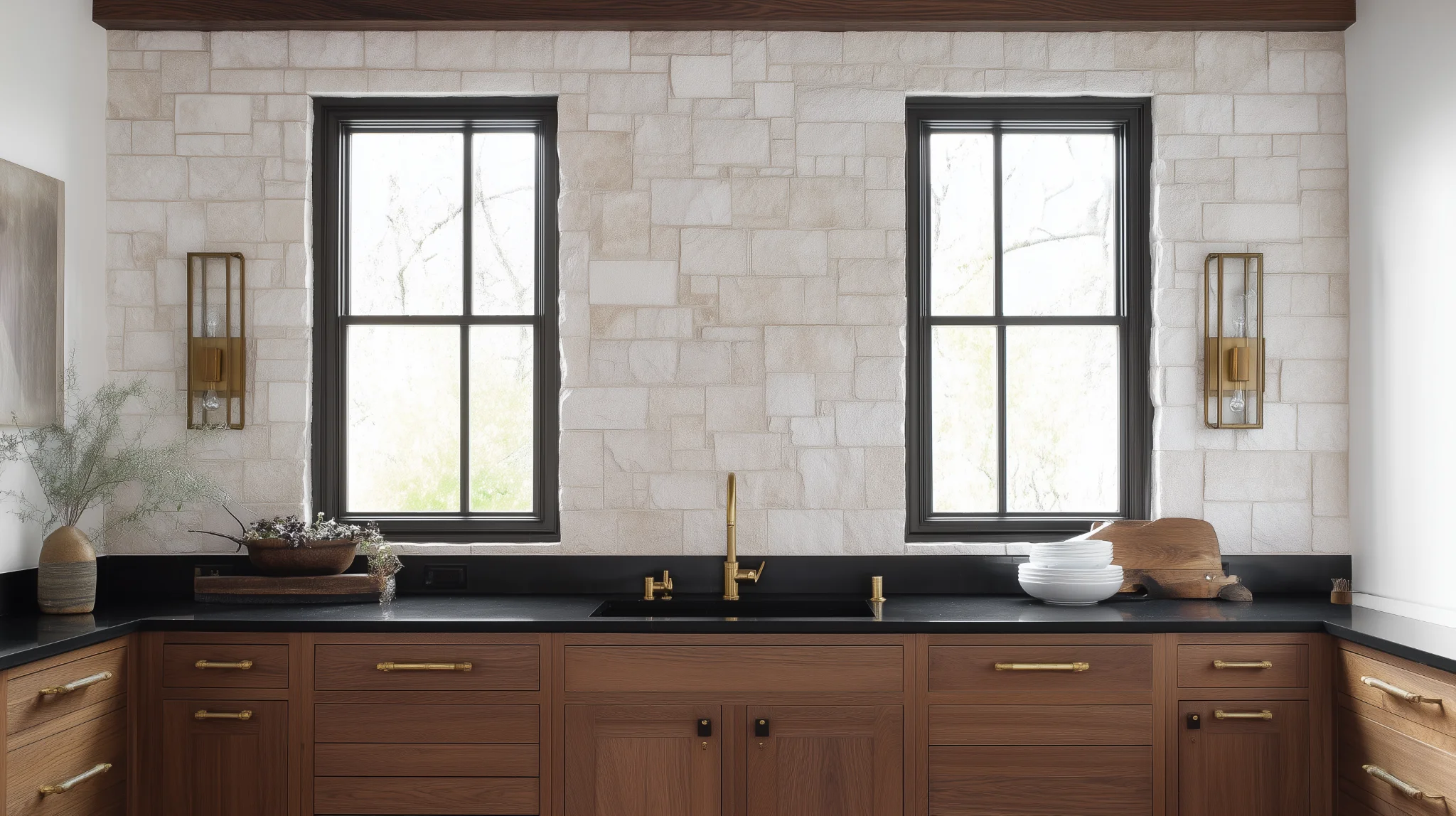 Rustic simple kitchen design with wooden drawers stone backsplash and twin window layout