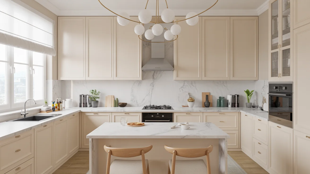 Elegant simple kitchen design with cream cabinets marble backsplash and central island