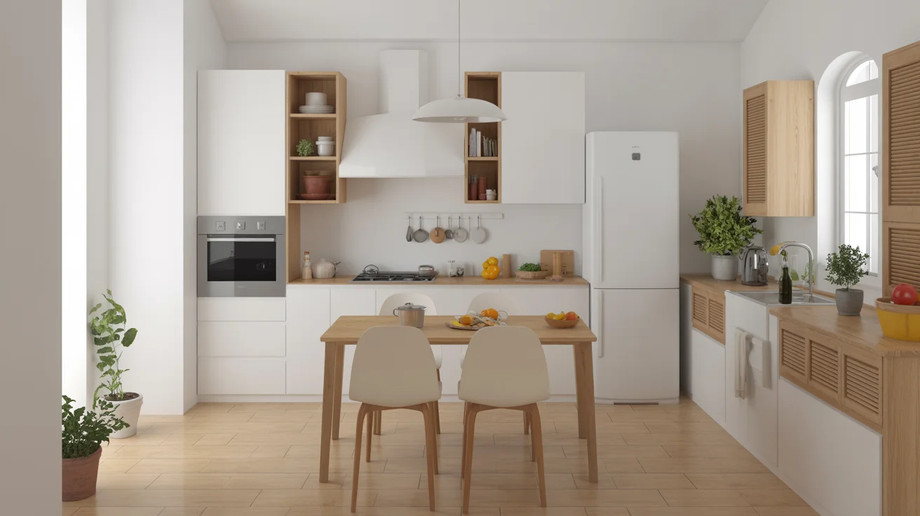 Minimal white simple kitchen design with wood cabinets dining setup and indoor greenery