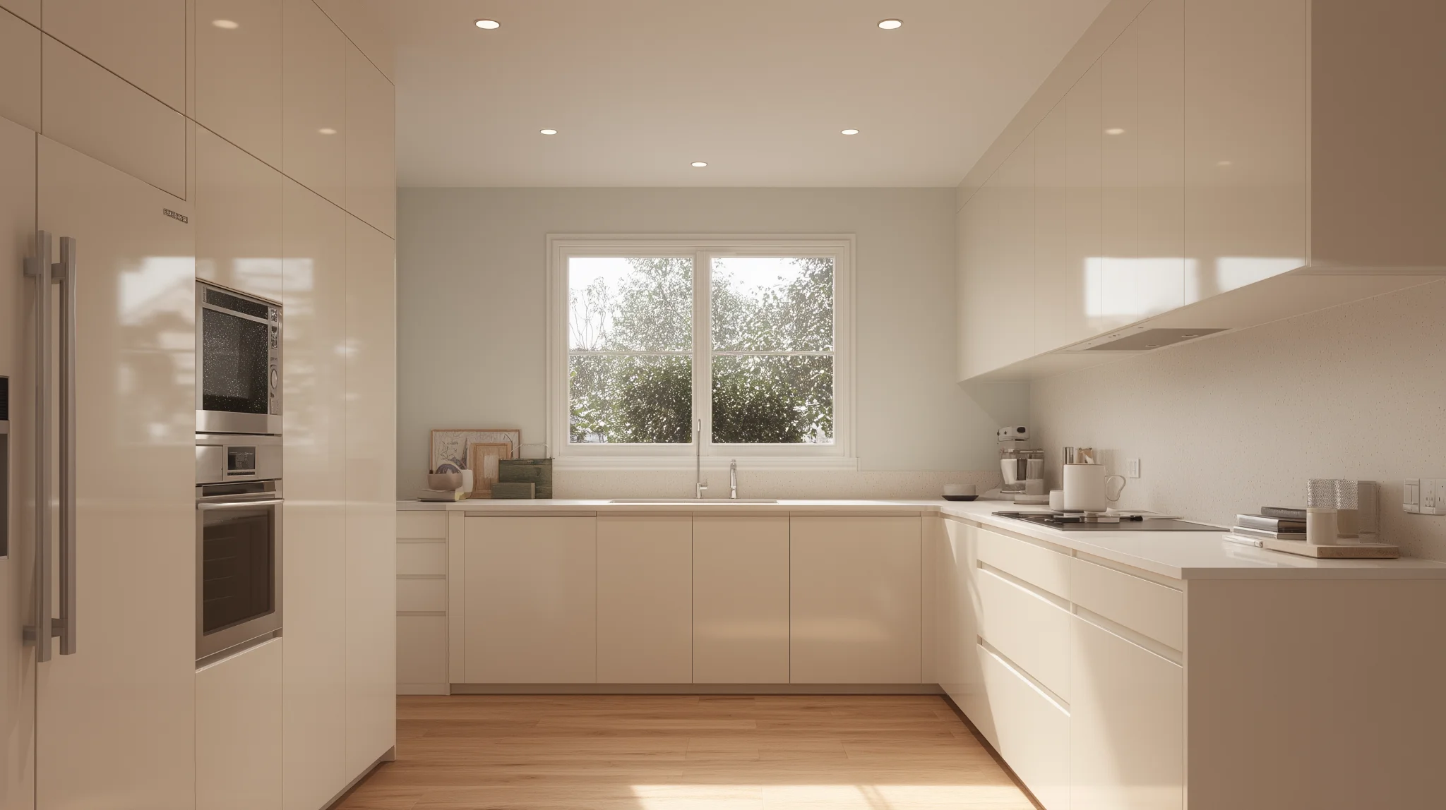 Bright simple kitchen design with glossy white cabinets and natural daylight through window
