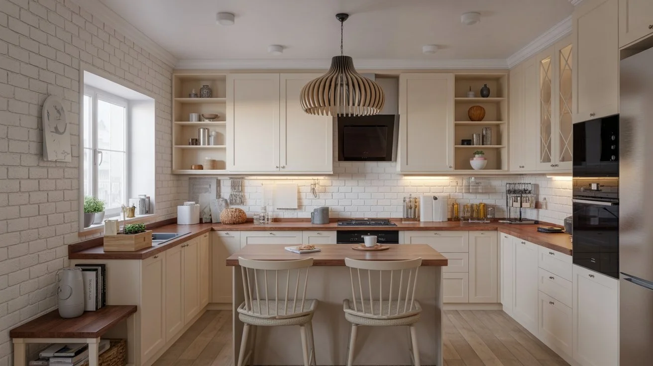 Vintage inspired simple kitchen design with cream cabinets open shelves and brick walls