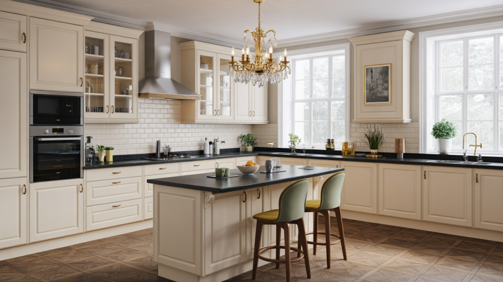 Elegant Luxury kitchen design with cream cabinetry classic chandelier and decor 