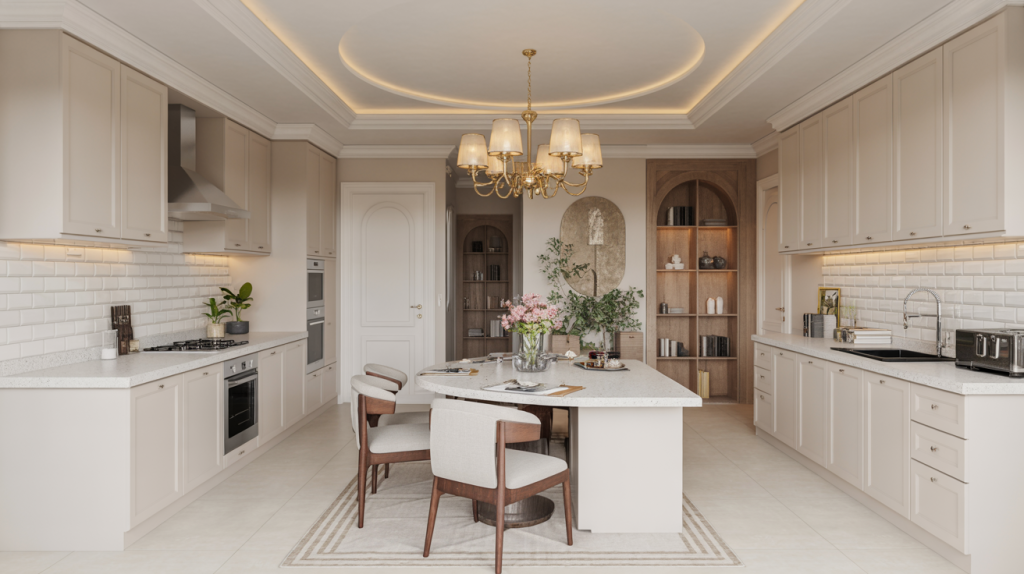  Best Luxury kitchen design with beige cabinetry dining island and chandelier