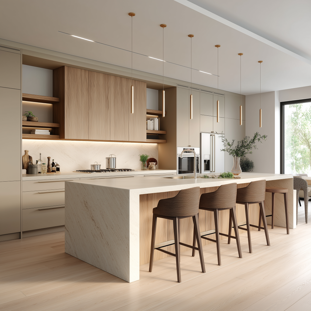  Elegant Luxury kitchen design with wood accents modern island and lighting
