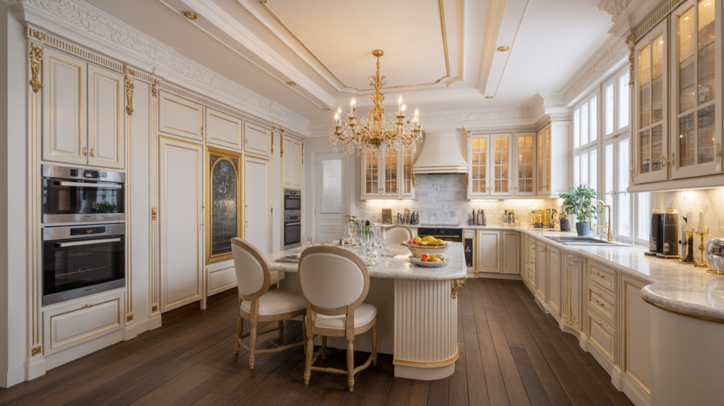  Luxury kitchen design with ornate cabinetry chandelier and marble surfaces 