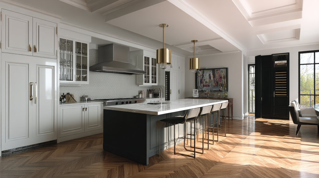 Luxury kitchen design with marble island and modern wood flooring