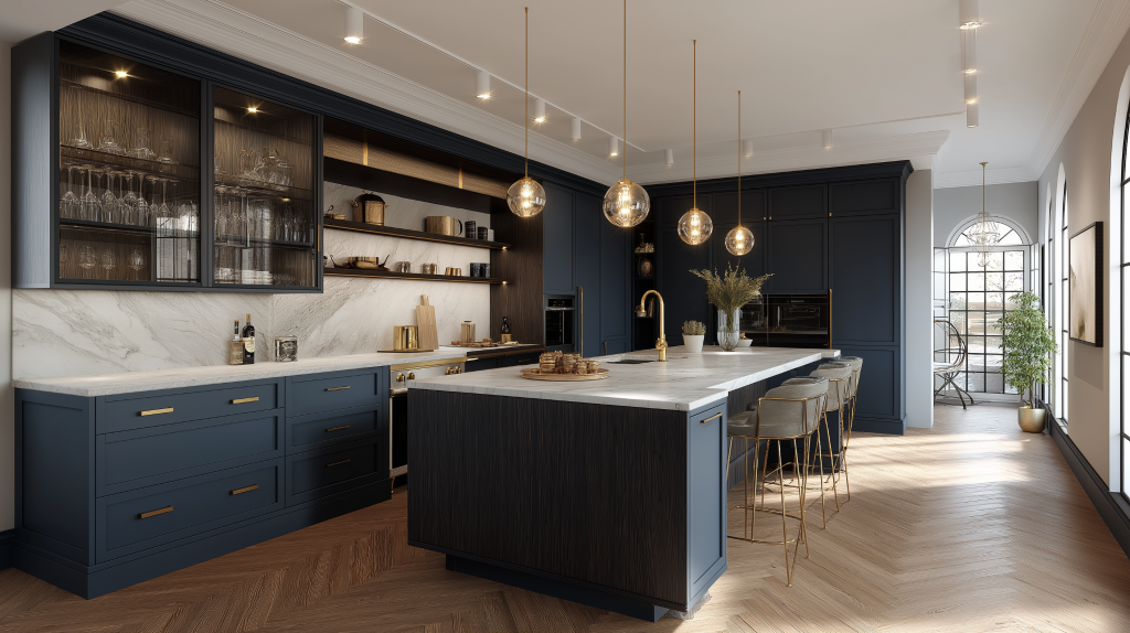 Stylish Luxury kitchen design with navy cabinetry marble island and gold accents 
