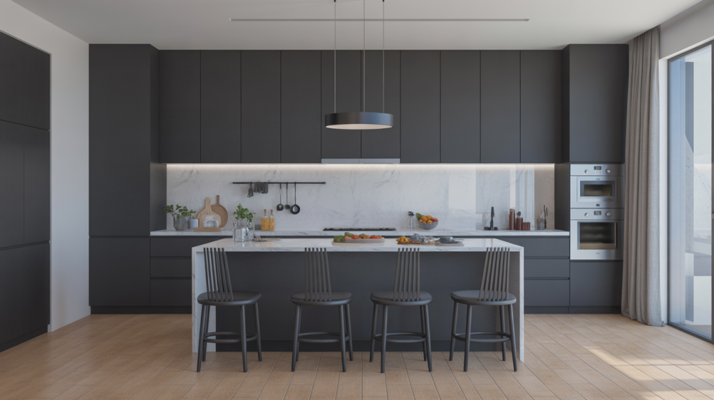 Luxury kitchen design with sleek black cabinetry and modern layout