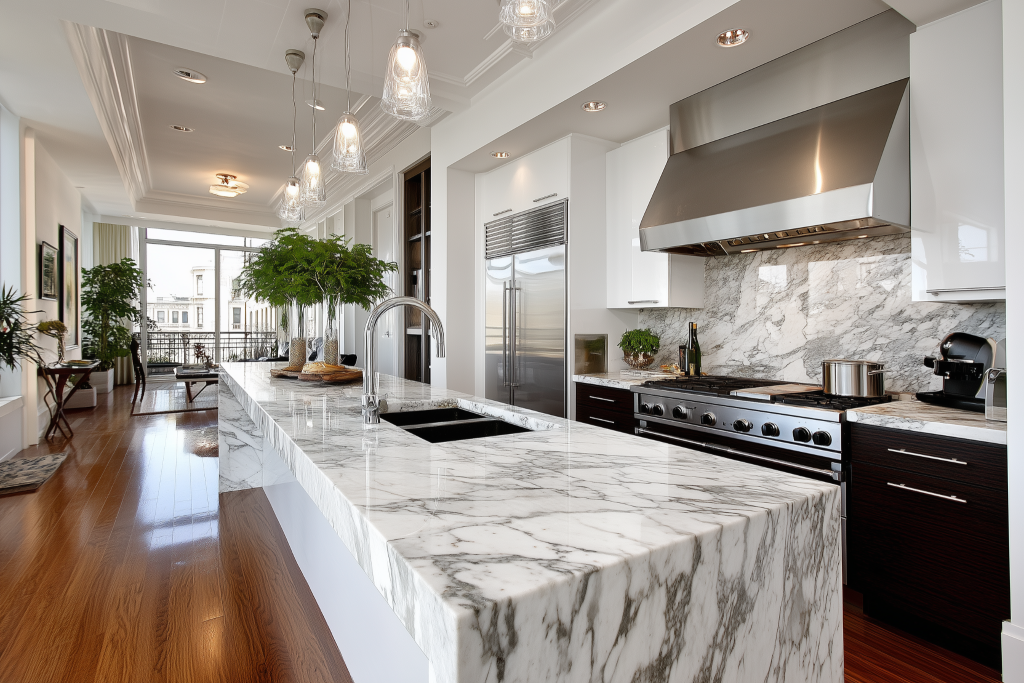 Modern Luxury kitchen design with marble counters modern stove and lighting 