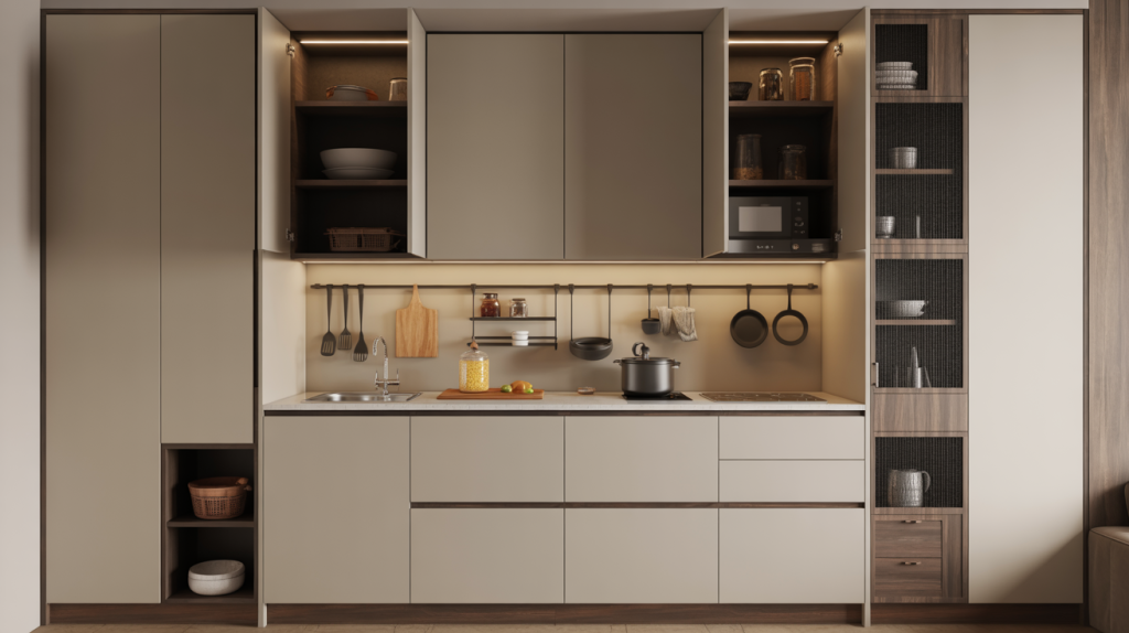 Contemporary Kitchen cupboard designs with compact layout storage cabinets and open shelves