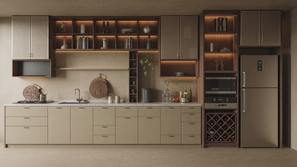 Best kitchen cupboard designs with beige cabinets open shelving and lighting