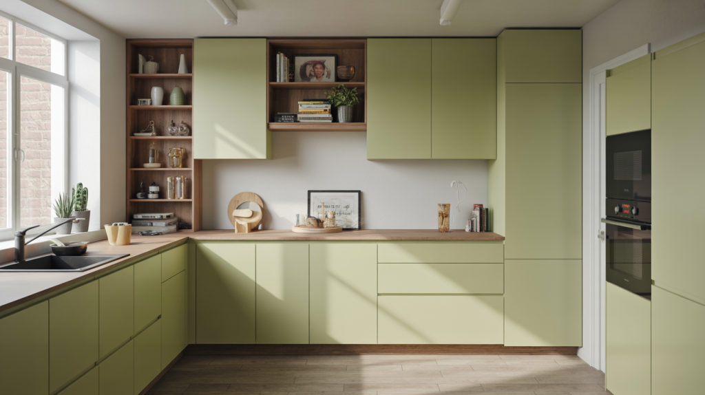  Modern kitchen cupboard designs with green cabinets open shelves and wood