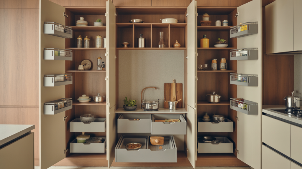Modern kitchen cupboard designs with organized shelves drawers and storage 