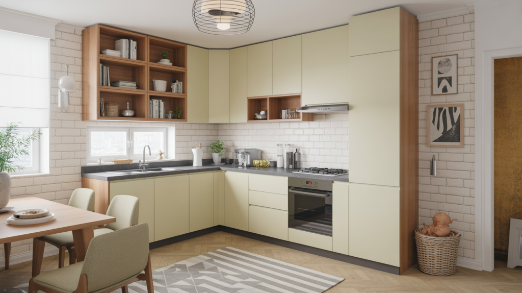  kitchen cupboard designs with L shaped layout and open shelving 
