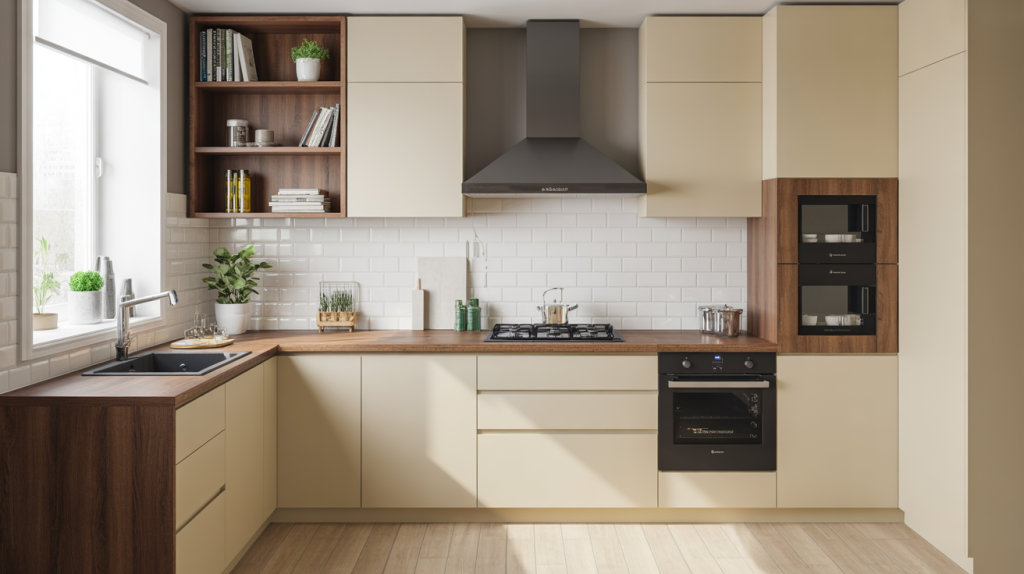 kitchen cupboard designs with L shaped cabinets and wood textures 