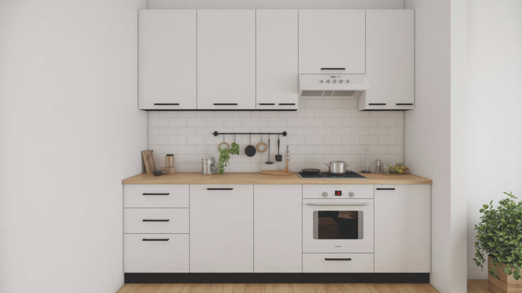 kitchen cupboard designs with compact white cabinets and wood accents