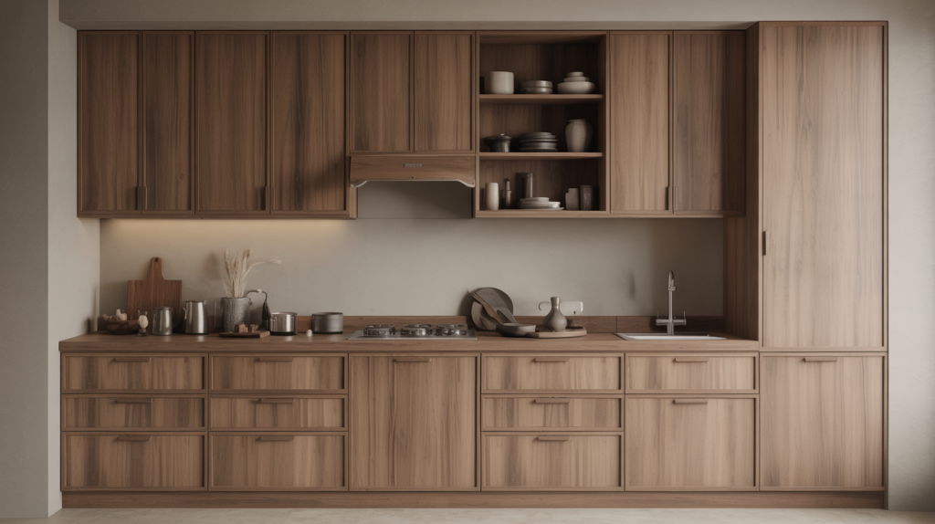 kitchen cupboard designs with wood finish and open shelving 