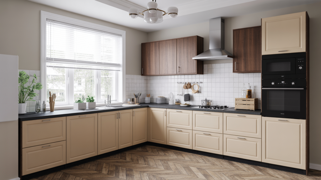  Simple kitchen cupboard designs with beige cabinets wood finishes and tiles 