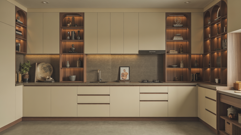 Contemporary kitchen units with arch style wall display cabinets