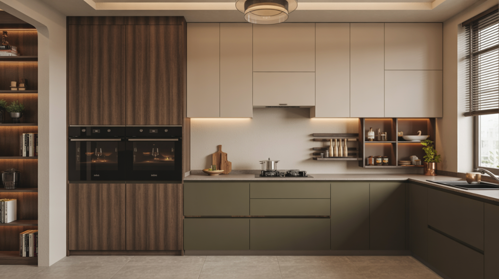 Modular kitchen tile design ideas with hidden pantry style cabinets