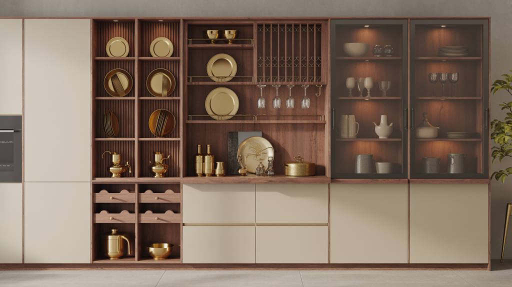Kitchen crockery unit design with open shelves and glass cabinets