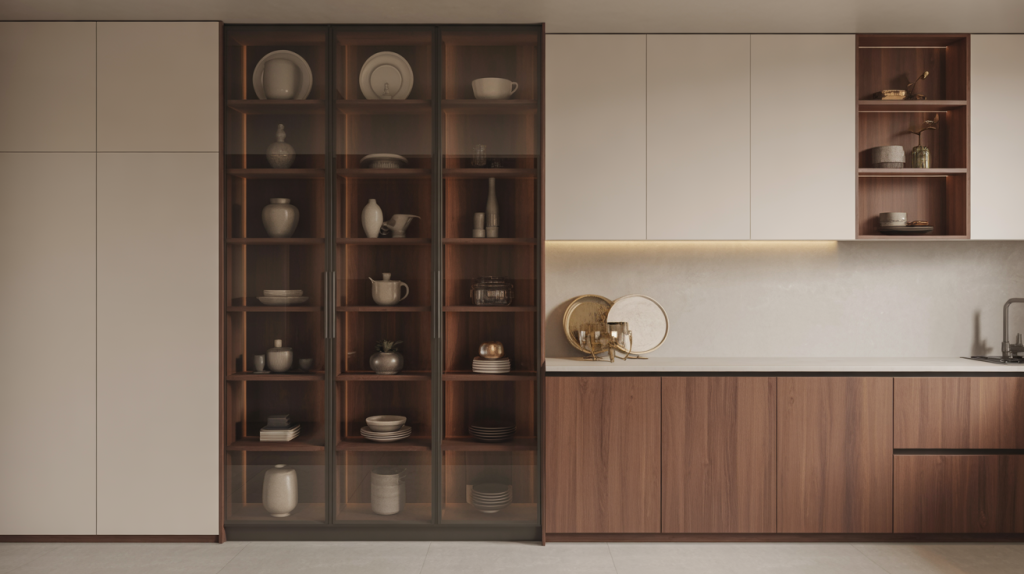 Modern kitchen units designs with tall glass front crockery cabinet