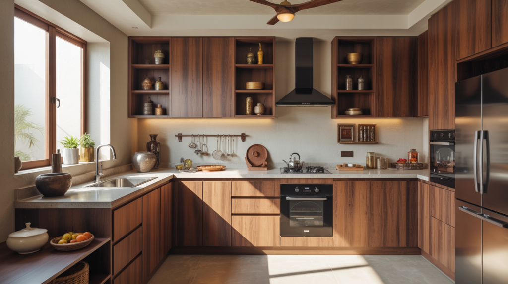 Modern kitchen units designs with wood finish and open shelving