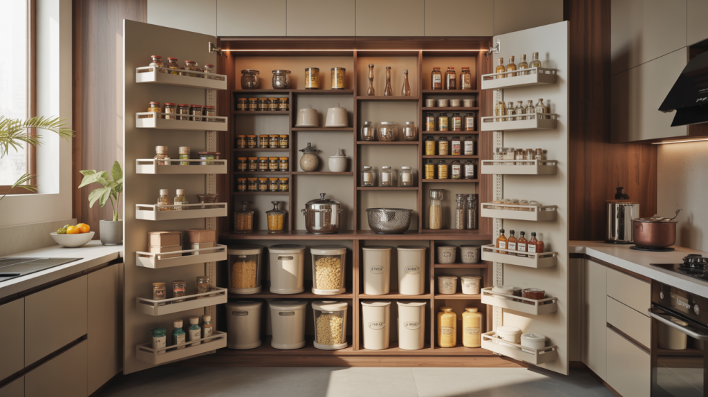 Contemporary kitchen units with vertical pantry and storage jars setup