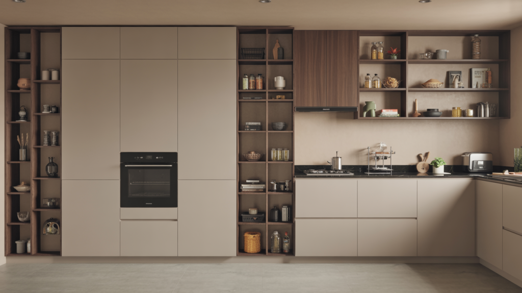 Simple modern kitchen units designs with open shelving and tall cabinets